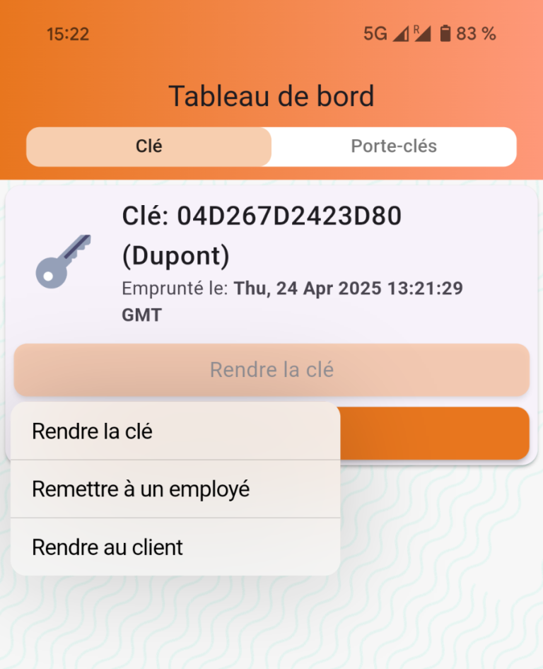 Tableau de bord avec des informations sur une clé et des options pour sa gestion.