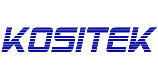 Logo de KOSITEK en lettres bleues avec un design rayé.
