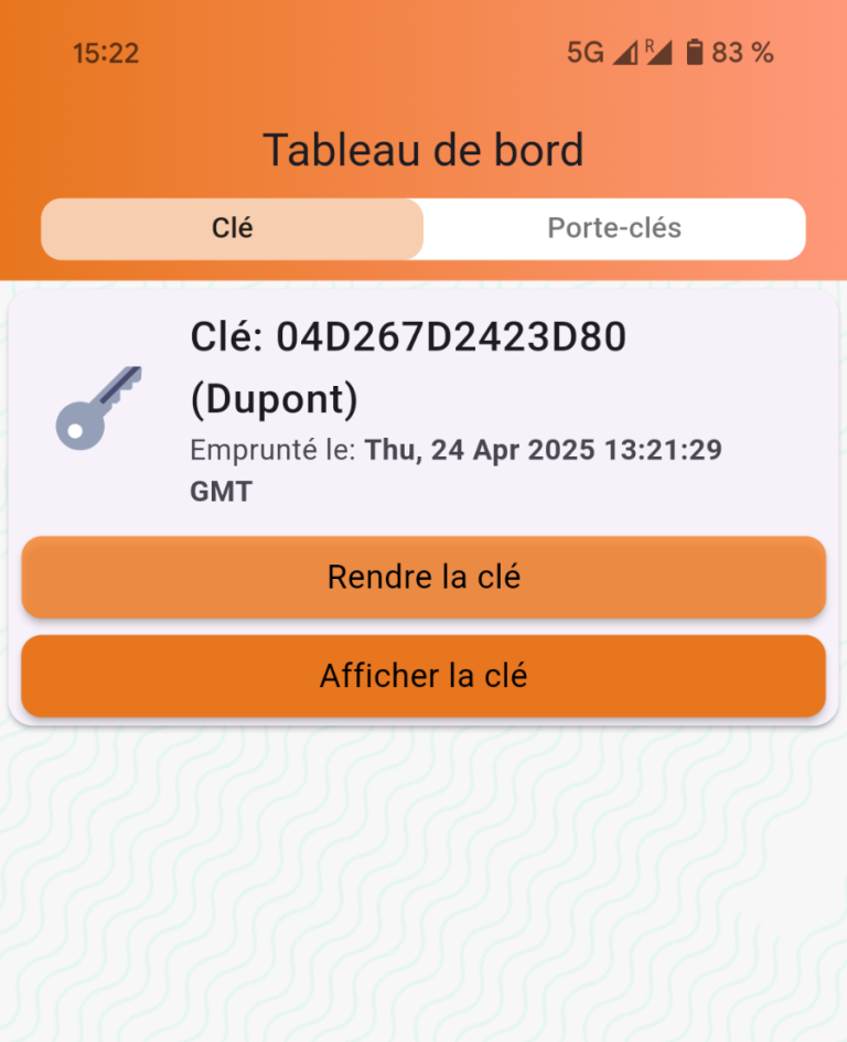 Tableau de bord avec ID clé et options pour rendre ou afficher la clé.
