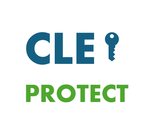 Texte "CLE" en bleu, clé en symbole, suivi de "PROTECT" en vert.