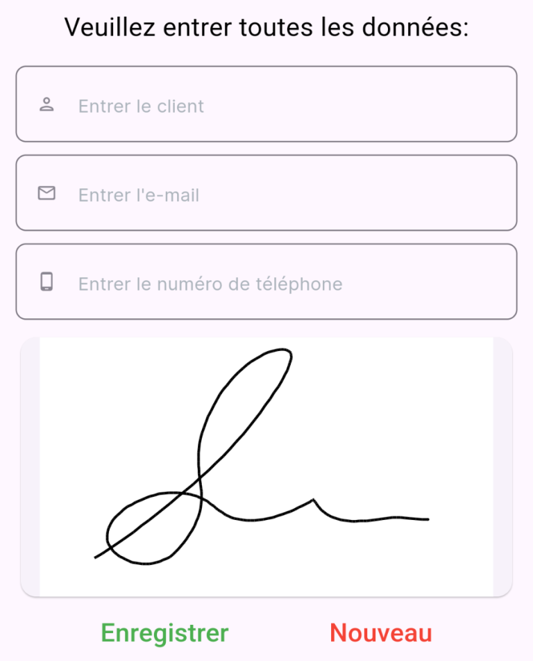 Formulaire de saisie avec champs pour le client, l'email et le téléphone, et une signature.